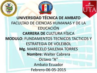 UNIVERSIDAD TÉCNICA DE AMBATO
FACULTAD DE CIENCIAS HUMANAS Y DE LA
EDUCACIÓN
CARRERA DE CULTURA FÍSICA
MODULO: FUNDAMENTOS TECNICOS TACTICOS Y
ESTRATEGIA DE VOLEIBOL
Mg. MARECELO SAILEMA TORRES
Nombre: Walter Cabrera
Octavo ‘’A’’
Ambato Ecuador
Febrero-06-05-2015
 