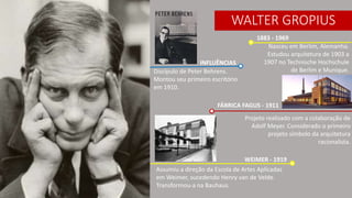 WALTER GROPIUS
Nasceu em Berlim, Alemanha.
Estudou arquitetura de 1903 a
1907 no Technische Hochschule
de Berlim e Munique.
1883 - 1969
Discípulo de Peter Behrens.
Montou seu primeiro escritório
em 1910.
INFLUÊNCIAS
FÁBRICA FAGUS - 1911
Projeto realizado com a colaboração de
Adolf Meyer. Considerado o primeiro
projeto símbolo da arquitetura
racionalista.
WEIMER - 1919
Assumiu a direção da Escola de Artes Aplicadas
em Weimer, sucedendo Henry van de Velde.
Transformou-a na Bauhaus.
 