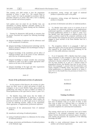 30.9.2005            EN                           Official Journal of the European Union                                      L 255/47

That training cycle shall include at least the programme                (e) preparation, testing, storage and supply of medicinal
described in Annex V, point 5.6.1. The contents listed in                   products in pharmacies open to the public;
Annex V, point 5.6.1 may be amended in accordance with the
procedure referred to in Article 58(2) with a view to adapting          (f) preparation, testing, storage and dispensing of medicinal
them to scientific and technical progress.                                  products in hospitals;

Such updates must not entail, for any Member State, any                 (g) provision of information and advice on medicinal products.
amendment of existing legislative principles relating to the
structure of professions as regards training and the conditions         3. If a Member State makes access to or pursuit of one of
of access by natural persons.                                           the activities of a pharmacist contingent upon supplementary
                                                                        professional experience, in addition to possession of evidence
                                                                        of formal qualifications referred to in Annex V, point 5.6.2,
3.   Training for pharmacists shall provide an assurance that           that Member State shall recognise as sufficient proof in this
the person concerned has acquired the following knowledge               regard a certificate issued by the competent authorities in the
and skills:                                                             home Member State stating that the person concerned has been
                                                                        engaged in those activities in the home Member State for a
(a) adequate knowledge of medicines and the substances used             similar period.
    in the manufacture of medicines;

(b) adequate knowledge of pharmaceutical technology and the             4. The recognition referred to in paragraph 3 shall not
    physical, chemical, biological and microbiological testing of       apply with regard to the two-year period of professional experi-
    medicinal products;                                                 ence required by the Grand Duchy of Luxembourg for the
                                                                        grant of a State public pharmacy concession.
(c) adequate knowledge of the metabolism and the effects of
    medicinal products and of the action of toxic substances,
    and of the use of medicinal products;                               5. If, on 16 September 1985, a Member State had a compe-
                                                                        titive examination in place designed to select from among the
(d) adequate knowledge to evaluate scientific data concerning           holders referred to in paragraph 2, those who are to be
    medicines in order to be able to supply appropriate infor-          authorised to become owners of new pharmacies whose crea-
    mation on the basis of this knowledge;                              tion has been decided on as part of a national system of
                                                                        geographical division, that Member State may, by way of dero-
                                                                        gation from paragraph 1, proceed with that examination and
(e) adequate knowledge of the legal and other requirements              require nationals of Member States who possess evidence of
    associated with the pursuit of pharmacy.                            formal qualifications as a pharmacist referred to in Annex V,
                                                                        point 5.6.2 or who benefit from the provisions of Article 23 to
                                                                        take part in it.
                            Article 45


   Pursuit of the professional activities of a pharmacist                                         Se c ti on 8

                                                                                                 A rch i t e ct
1.    For the purposes of this Directive, the activities of a phar-
macist are those, access to which and pursuit of which are
contingent, in one or more Member States, upon professional
qualifications and which are open to holders of evidence of                                        Article 46
formal qualifications of the types listed in Annex V, point 5.6.2.

                                                                                            Training of architects
2.    The Member States shall ensure that the holders of
evidence of formal qualifications in pharmacy at university
level or a level deemed to be equivalent, which satisfies the
                                                                        1. Training as an architect shall comprise a total of at least
provisions of Article 44, are able to gain access to and pursue
                                                                        four years of full-time study or six years of study, at least
at least the following activities, subject to the requirement,
                                                                        three years of which on a full-time basis, at a university or
where appropriate, of supplementary professional experience:
                                                                        comparable teaching institution. The training must lead to
                                                                        successful completion of a university-level examination.
(a) preparation of the pharmaceutical form of medicinal
    products;
                                                                        That training, which must be of university level, and of which
(b) manufacture and testing of medicinal products;                      architecture is the principal component, must maintain a
                                                                        balance between theoretical and practical aspects of architec-
(c) testing of medicinal products in a laboratory for the testing       tural training and guarantee the acquisition of the following
    of medicinal products;                                              knowledge and skills:

(d) storage, preservation and distribution of medicinal products        (a) ability to create architectural designs that satisfy both
    at the wholesale stage;                                                 aesthetic and technical requirements;
 