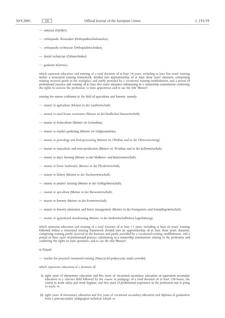 30.9.2005       EN                              Official Journal of the European Union                                                 L 255/59

            — optician (Optiker),

            — orthopaedic shoemaker (Orthopädieschuhmacher),

            — orthopaedic technician (Orthopädietechniker),

            — dental technician (Zahntechniker),

            — gardener (Gärtner),

            which represent education and training of a total duration of at least 14 years, including at least five years' training
            within a structured training framework, divided into apprenticeship of at least three years' duration, comprising
            training received partly in the workplace and partly provided by a vocational training establishment, and a period of
            professional practice and training of at least two years' duration culminating in a mastership examination conferring
            the rights to exercise the profession, to train apprentices and to use the title ‘Meister’;

            training for master craftsmen in the field of agriculture and forestry, namely:

            — master in agriculture (Meister in der Landwirtschaft),

            — master in rural home economics (Meister in der ländlichen Hauswirtschaft),

            — master in horticulture (Meister im Gartenbau),

            — master in market gardening (Meister im Feldgemüsebau),

            — master in pomology and fruit-processing (Meister im Obstbau und in der Obstverwertung),

            — master in viniculture and wine-production (Meister im Weinbau und in der Kellerwirtschaft),

            — master in dairy farming (Meister in der Molkerei- und Käsereiwirtschaft),

            — master in horse husbandry (Meister in der Pferdewirtschaft),

            — master in fishery (Meister in der Fischereiwirtschaft),

            — master in poultry farming (Meister in der Geflügelwirtschaft),

            — master in apiculture (Meister in der Bienenwirtschaft),

            — master in forestry (Meister in der Forstwirtschaft),

            — master in forestry plantation and forest management (Meister in der Forstgarten- und Forstpflegewirtschaft),

            — master in agricultural warehousing (Meister in der landwirtschaftlichen Lagerhaltung),

            which represent education and training of a total duration of at least 15 years, including at least six years' training
            followed within a structured training framework divided into an apprenticeship of at least three years' duration,
            comprising training partly received in the business and partly provided by a vocational training establishment, and a
            period of three years of professional practice culminating in a mastership examination relating to the profession and
            conferring the rights to train aprentices and to use the title ‘Meister’;

            in Poland:

            — teacher for practical vocational training (Nauczyciel praktycznej nauki zawodu),

            which represents education of a duration of:

             (i) eight years of elementary education and five years of vocational secondary education or equivalent secondary
                 education in a relevant field followed by the course in pedagogy of a total duration of at least 150 hours, the
                 course in work safety and work hygiene, and two years of professional experience in the profession one is going
                 to teach; or

            (ii) eight years of elementary education and five years of vocational secondary education and diploma of graduation
                 from a post-secondary pedagogical technical school; or
 
