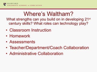 Where’s Waltham? What strengths can you build on in developing 21 st  century skills? What roles can technology play? Classroom Instruction Homework  Assessments  Teacher/Department/Coach Collaboration  Administrative Collaboration  