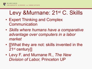 Levy &Murnane: 21 st  C. Skills Expert Thinking and Complex Communication Skills where humans have a comparative advantage over computers in a labor market [[What they are not: skills invented in the 21 st  century]] Levy F. and Murnane R.,  The New Division of Labor,  Princeton UP 