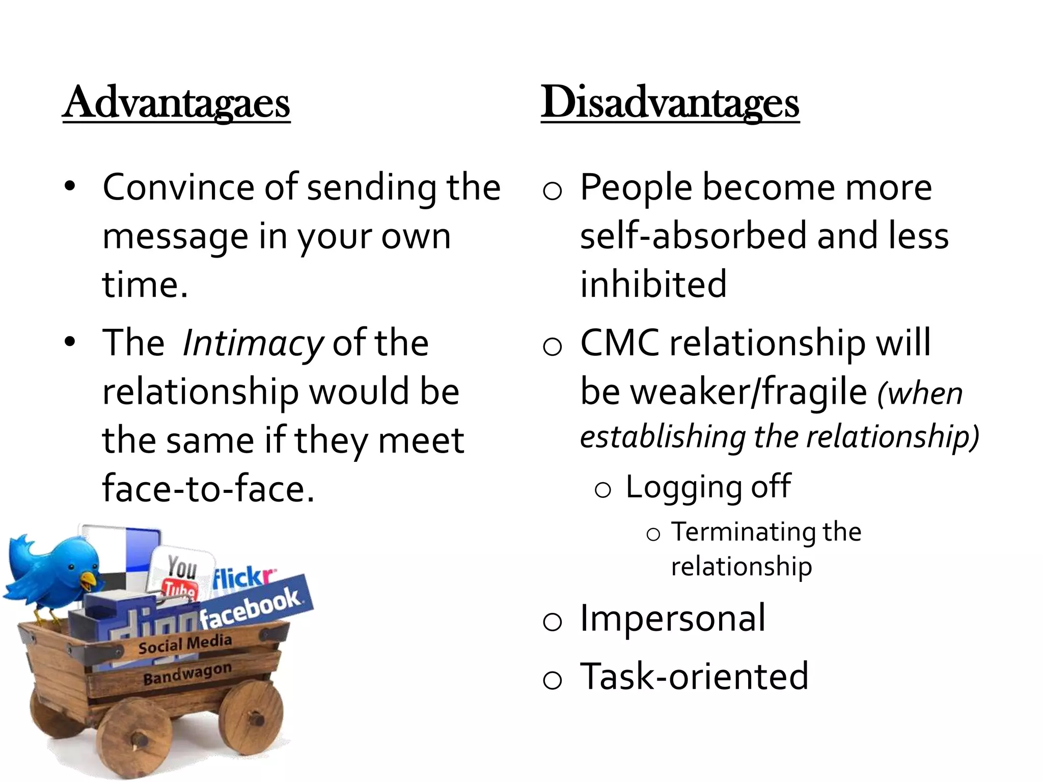 Advantagaes

Disadvantages

• Convince of sending the o People become more
message in your own
self-absorbed and less
time.
inhibited
• The Intimacy of the
o CMC relationship will
relationship would be
be weaker/fragile (when
establishing the relationship)
the same if they meet
o Logging off
face-to-face.
o Terminating the
relationship

o Impersonal
o Task-oriented

 