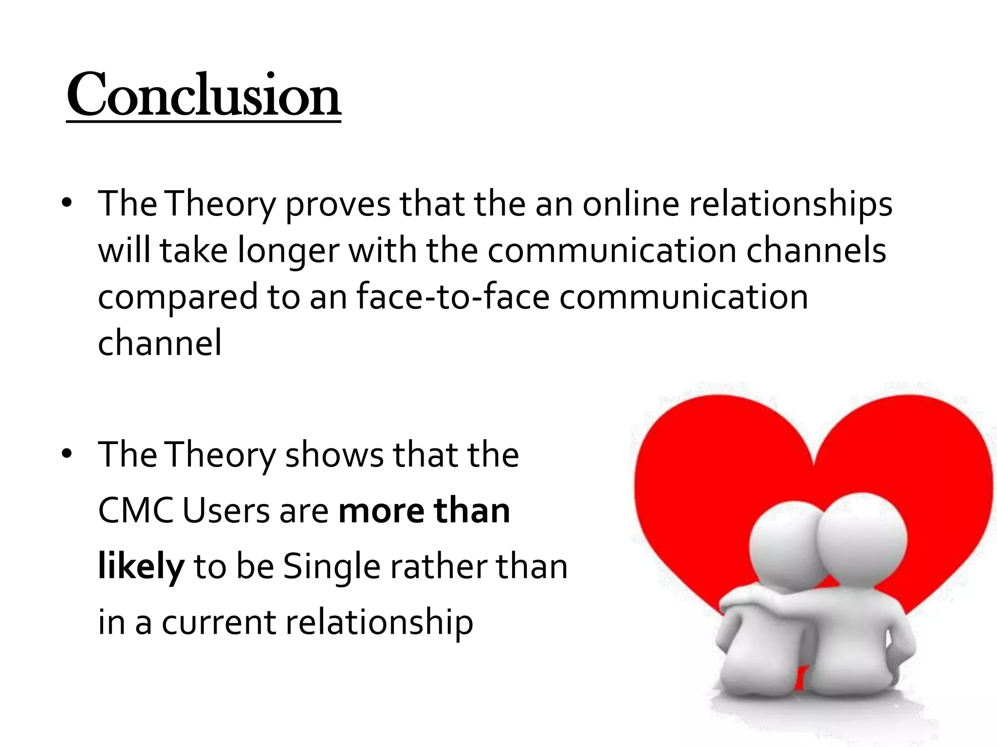 Conclusion
• The Theory proves that the an online relationships
will take longer with the communication channels
compared to an face-to-face communication
channel
• The Theory shows that the
CMC Users are more than
likely to be Single rather than
in a current relationship

 