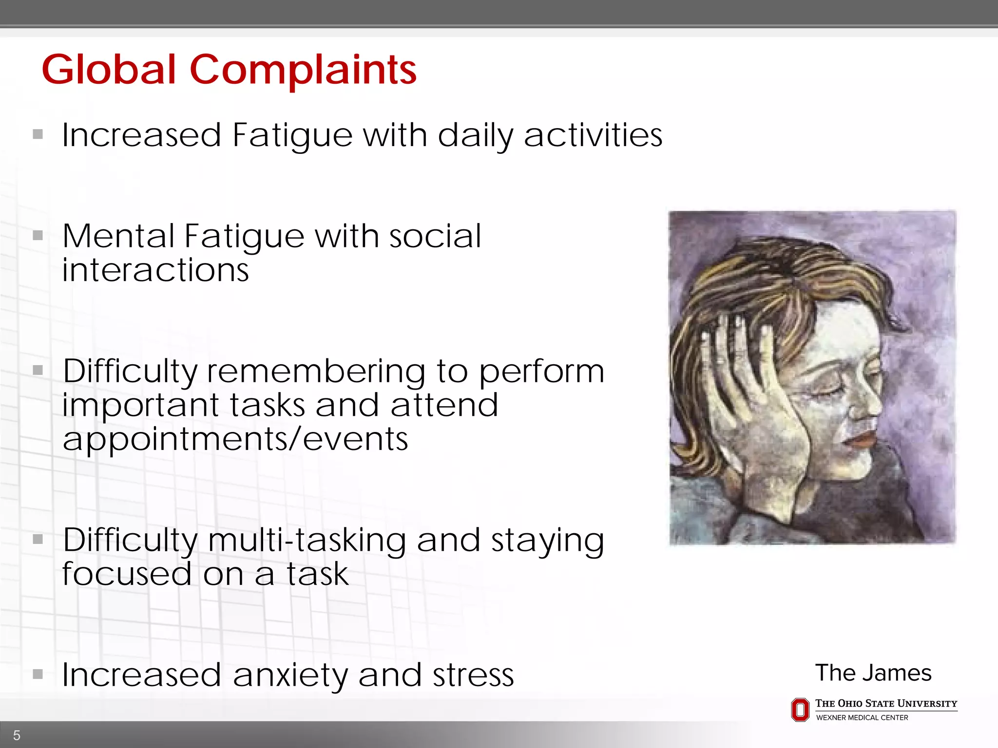 5
 Increased Fatigue with daily activities
 Mental Fatigue with social
interactions
 Difficulty remembering to perform
important tasks and attend
appointments/events
 Difficulty multi-tasking and staying
focused on a task
 Increased anxiety and stress
Global Complaints
 
