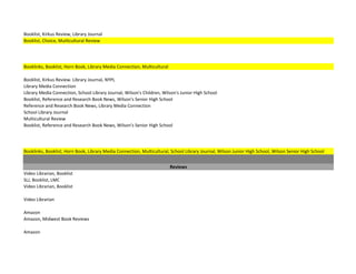 Booklist, Kirkus Review, Library Journal
Booklist, Choice, Mulitcultural Review




Booklinks, Booklist, Horn Book, Library Media Connection, Multicultural

Booklist, Kirkus Review. Library Journal, NYPL
Library Media Connection
Library Media Connection, School Library Journal, Wilson's Children, Wilson's Junior High School
Booklist, Reference and Research Book News, Wilson's Senior High School
Reference and Research Book News, Library Media Connection
School Library Journal
Multicultural Review
Booklist, Reference and Research Book News, Wilson's Senior High School




Booklinks, Booklist, Horn Book, Library Media Connection, Multicultural, School Library Journal, Wilson Junior High School, Wilson Senior High School


                                                                          Reviews
Video Librarian, Booklist
SLJ, Booklist, LMC
Video Librarian, Booklist

Video Librarian

Amazon
Amazon, Midwest Book Reviews

Amazon
 