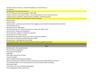 The doom of Reconstruction : the liberal Republicans in the Civil War era
On Agate Hill
Encyclopedia of the Reconstruction era
The era of Reconstruction and expansion, 1865-1900
Fenians, freedmen, and southern Whites : race and nationality in the era of Reconstruction
Impeachment of a president : Andrew Johnson, the Blacks, and Reconstruction
Into the land of freedom : African Americans in Reconstruction
Reconstruction
Gabriel's Story
Reconstruction : a primary source history of the struggle to unite the North and South after the Civil War
The Reconstruction era
Reconstruction era. Biographies
The Reconstruction era : primary documents on events from 1865 to 1877
Reconstruction: People and Perspectives
The Ku Klux Klan: a guide to an American subculture
Reconstruction era. Primary sources
Emancipation Proclamation and the 13th, 14th, and 15th amendments
By one vote: the disputed presidential election of 1876
Reconstruction : rebuilding after the Civil War
Traveling the freedom road : from slavery & the Civil War through Reconstruction


                                                                      Title
Reconstruction : the second Civil War
Reconstruction & Segregation
Reconstruction the Nation
Gilded Age
After Shock: Beyond The Civil War
Economic Changes
Birth of a Nation (1915) Remastered Edition
Disney's The American Presidents Civil War and Reconstruction & The Development of the US
The Unfinished Nation: Part I Early Colonization to Reconstruction (Video recording)
Alex Haley's Queen
In the Land of Jim Crow: Growing up Segregated
The autobiography of Miss Jane Pittman
 