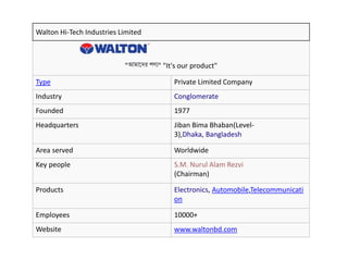Walton Hi-Tech Industries Limited
"আমাদের পণ্য" "It's our product"
Type Private Limited Company
Industry Conglomerate
Founded 1977
Headquarters Jiban Bima Bhaban(Level-
3),Dhaka, Bangladesh
Area served Worldwide
Key people S.M. Nurul Alam Rezvi
(Chairman)
Products Electronics, Automobile,Telecommunicati
on
Employees 10000+
Website www.waltonbd.com
 