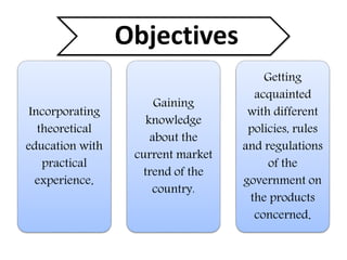 Incorporating
theoretical
education with
practical
experience.
Gaining
knowledge
about the
current market
trend of the
country.
Getting
acquainted
with different
policies, rules
and regulations
of the
government on
the products
concerned.
Objectives
 