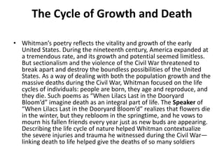 The Cycle of Growth and Death
• Whitman’s poetry reflects the vitality and growth of the early
United States. During the nineteenth century, America expanded at
a tremendous rate, and its growth and potential seemed limitless.
But sectionalism and the violence of the Civil War threatened to
break apart and destroy the boundless possibilities of the United
States. As a way of dealing with both the population growth and the
massive deaths during the Civil War, Whitman focused on the life
cycles of individuals: people are born, they age and reproduce, and
they die. Such poems as “When Lilacs Last in the Dooryard
Bloom’d” imagine death as an integral part of life. The Speaker of
“When Lilacs Last in the Dooryard Bloom’d” realizes that flowers die
in the winter, but they rebloom in the springtime, and he vows to
mourn his fallen friends every year just as new buds are appearing.
Describing the life cycle of nature helped Whitman contextualize
the severe injuries and trauma he witnessed during the Civil War—
linking death to life helped give the deaths of so many soldiers
 