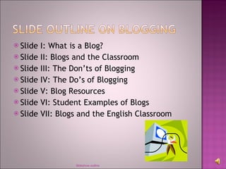 Slide I: What is a Blog? Slide II: Blogs and the Classroom Slide III: The Don’ts of Blogging  Slide IV: The Do’s of Blogging Slide V: Blog Resources Slide VI: Student Examples of Blogs Slide VII: Blogs and the English Classroom Sldeshow outline 