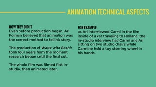 ANIMATION TECHNICAL ASPECTS
HOW THEY DID IT
Even before production began, Ari
Folman believed that animation was
the correct method to tell his story.
The production of Waltz with Bashir
took four years from the moment
research began until the final cut.
The whole film was filmed first in-
studio, then animated later.
FOR EXAMPLE,
as Ari interviewed Carmi in the film
inside of a car traveling to Holland, the
in-studio interview had Carmi and Ari
sitting on two studio chairs while
Carmine held a toy steering wheel in
his hands.
 