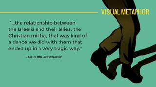 VISUAL METAPHOR
“…the relationship between
the Israelis and their allies, the
Christian militia, that was kind of
a dance we did with them that
ended up in a very tragic way.”
—ARI FOLMAN, NPR INTERVIEW
 