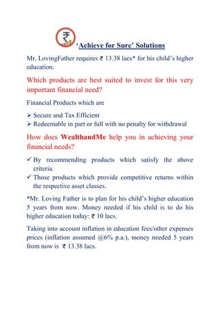 ‘Achieve for Sure’ Solutions
Mr. LovingFather requires      13.38 lacs* for his child’s higher
education.

Which products are best suited to invest for this very
important financial need?
Financial Products which are
 Secure and Tax Efficient
 Redeemable in part or full with no penalty for withdrawal

How does WealthandMe help you in achieving your
financial needs?
 By recommending products which satisfy the above
  criteria.
 Those products which provide competitive returns within
  the respective asset classes.
*Mr. Loving Father is to plan for his child’s higher education
5 years from now. Money needed if his child is to do his
higher education today: 10 lacs.
Taking into account inflation in education fees/other expenses
prices (inflation assumed @6% p.a.), money needed 5 years
from now is 13.38 lacs.
 