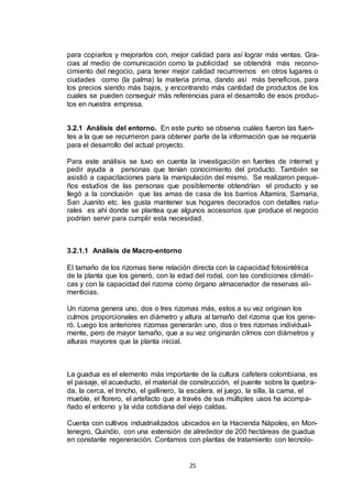 para copiarlos y mejorarlos con, mejor calidad para así lograr más ventas. Gracias al medio de comunicación como la publicidad se obtendrá más reconocimiento del negocio, para tener mejor calidad recurriremos en otros lugares o
ciudades como (la palma) la materia prima, dando así más beneficios, para
los precios siendo más bajos, y encontrando más cantidad de productos de los
cuales se pueden conseguir más referencias para el desarrollo de esos productos en nuestra empresa.
3.2.1 Análisis del entorno. En este punto se observa cuáles fueron las fuentes a la que se recurrieron para obtener parte de la información que se requería
para el desarrollo del actual proyecto.
Para este análisis se tuvo en cuenta la investigación en fuentes de internet y
pedir ayuda a personas que tenían conocimiento del producto. También se
asistió a capacitaciones para la manipulación del mismo. Se realizaron pequeños estudios de las personas que posiblemente obtendrían el producto y se
llegó a la conclusión que las amas de casa de los barrios Altamira, Samaria,
San Juanito etc. les gusta mantener sus hogares decorados con detalles naturales es ahí donde se plantea que algunos accesorios que produce el negocio
podrían servir para cumplir esta necesidad.

3.2.1.1 Análisis de Macro-entorno
El tamaño de los rizomas tiene relación directa con la capacidad fotosintética
de la planta que los generó, con la edad del rodal, con las condiciones climáticas y con la capacidad del rizoma como órgano almacenador de reservas alimenticias.
Un rizoma genera uno, dos o tres rizomas más, estos a su vez originan los
culmos proporcionales en diámetro y altura al tamaño del rizoma que los generó. Luego los anteriores rizomas generarán uno, dos o tres rizomas individualmente, pero de mayor tamaño, que a su vez originarán cilmos con diámetros y
alturas mayores que la planta inicial.

La guadua es el elemento más importante de la cultura cafetera colombiana, es
el paisaje, el acueducto, el material de construcción, el puente sobre la quebrada, la cerca, el trincho, el gallinero, la escalera, el juego, la silla, la cama, el
mueble, el florero, el artefacto que a través de sus múltiples usos ha acompañado el entorno y la vida cotidiana del viejo caldas.
Cuenta con cultivos industrializados ubicados en la Hacienda Nápoles, en Montenegro, Quindío, con una extensión de alrededor de 200 hectáreas de guadua
en constante regeneración. Contamos con plantas de tratamiento con tecnolo-

25

 