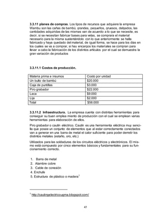 3.3.11 planes de compras. Los tipos de recursos que adquiere la empresa
Wambu son las cañas de bambú, grandes, pequeños, gruesos, delgados, las
cantidades adquiridas de las mismas van de acuerdo a lo que se necesite, es
decir, si se necesitan fabricar bases para velas, se comprara el material
necesario para la misma sustentándolo con lo que anteriormente se halla
fabricado y haya quedado del material, de igual forma, se hace para los días en
los cuales se va a comprar, si hay encargos los materiales se compran para
llevar a cabo la fabricación de los distintos artículos por el cual se demuestra la
gran variación de productos

3.3.11.1 Costos de producción.
Materia prima e insumos
Un bulto de bambú
Caja de puntillas
Piro grabador
Laca
Lija
Total

Costo por unidad
$20.000
$3.000
$22.000
$9.000
$2.000
$56.000

3.3.11.2 Infraestructura. La empresa cuenta con distintas herramientas para
conseguir su buen emplea miento de producción con el cual se emplean varias
herramientas para elaboración de ellos.
Piro grabador o cautín eléctrico. Cautín es una herramienta eléctrica muy sencilla que posee un conjunto de elementos que al estar correctamente conectados
van a generar en una barra de metal el calor suficiente para poder derretir los
distintos metales (estaño, oro, etc.)
Utilizados para las soldaduras de los circuitos eléctricos y electrónicos. El mismo está compuesto por cinco elementos básicos y fundamentales para su funcionamiento correcto.
1. Barra de metal
2. Alambre cobre
3. Cable de conexión
4. Enchufe
5. Estructura de plástico o madera 1

1

http://cautingelectricougma.blogspot.com/

47

 