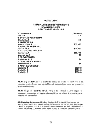 Wambú LTDA.
NOTAS A LOS ESTADOS FINANCIEROS
BALANCE GENERAL
A SEPTIEMBRE 30 DEL 2013
1. DISPONIBLE
Banco No. 1
2. CUENTAS POR COBRAR
Cliente No. 1
3. INVENTARIOS
Materia prima No.1
4. MUEBLES Y ENSERES
Mueble No. 1
5. MAQUINARIA Y EQUIPO
Equipo No. 1
Maquina No.2
6. PROVEEDORES
Proveedor No. 1
7. CUENTAS POR PAGAR
Acreedor No. 1
8. APORTE DE SOCIOS
Socio No. 1
Socio No. 2
Socio No. 3

TOTALES
$0
$0
$32.000
$20.000
$22.000
$0
$0
$0
$20.000
$20.000
$20.000

3.5.3.2 Capital de trabajo. El capital del trabajo se puede dar a entender a los
recursos empleados en este caso el bambú, guadua, laca, mano de obra, pintura, pirograbado etc.
3.5.3.3 Margen de contribución. El margen de contribución varía según sus
recursos e inversiones en aquella elaboración ya por el cual la empresa varía
en parte de producción.

3.5.4 fuentes de financiación. Las fuentes de financiación fueron con un
aporte de socios por un monto de $60.000 recaudados por los tres socios que
cuenta la empresa y un aporte del recurso fundamental en este caso el bambú
con un valor de $20.000 con tal de llevar acabo la iniciación de la empresa

56

 