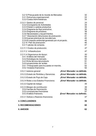 3.2.12 Presupuesto de la mezcla de Mercadeo
3.3.1 Estructura organizacional.
3.3.2 Costos Administrativos.

32
33
33

3.3.2.1 Gastos de personal.
3.3.2 Cronograma de Actividades
3.3.3 Clúster o cadena productiva
3.3.4 Diagrama de flujo productivo.
3.3.5 Diagrama de procesos.
3.3.6 Necesidades y requerimientos.
3.3.7 Descripción del proceso de producción.
3.3.8 buenas prácticas de manufactura.
3.3.9 El impacto ambiental generado por el proyecto.
3.3.10 Plan de producción
3.3.11 planes de compras.

33
34
35
36
38
40
41
45
45
46
47

3.3.11.1 Costos de producción.

47

3.3.11.2 Infraestructura

47

3.3.11.4 Organismos de Apoyo.
3.4.1 Análisis del mercado
3.4.2 Estrategia de mercado.
3.4.3 ficha técnica del producto
3.4.4 proyecciones de ventas
3.5.1 Presupuesto para la puesta en marcha.
3.5.2 Estados financieros

50
50
50
51
51
52
52

3.5.2.1 balance general

¡Error! Marcador no definido.

3.5.2.2 Estado de Pérdidas y Ganancias.

¡Error! Marcador no definido.

3.5.2.3 Estado de Flujo de Caja.

¡Error! Marcador no definido.

3.5.2.4 Notas a los Estados Financieros.

¡Error! Marcador no definido.

3.5.3.2 Capital de trabajo

56

3.5.3.3 Margen de contribución
3.5.4 fuentes de financiación
3.5.5 conclusiones financieras
3.5.3 Análisis financiero.

56
56
57
¡Error! Marcador no definido.

3.5.3.1 Índices o Razones financieras.

57

4. CONCLUSIONES

59

5. RECOMENDACIONES

60

6. ANEXOS

62

7

 