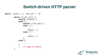 Switch-driven HTTP parser
Start: state = 1, *str_ptr = 'b'
while (++str_ptr) {
switch (state) {
case 1:
switch (*str_ptr) {
case 'a':
...
state = 1
case 'b':
...
state = 2
}
case 2:
...
}
... <= jump to while
}
 