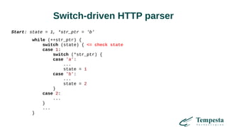 Switch-driven HTTP parser
Start: state = 1, *str_ptr = 'b'
while (++str_ptr) {
switch (state) { <= check state
case 1:
switch (*str_ptr) {
case 'a':
...
state = 1
case 'b':
...
state = 2
}
case 2:
...
}
...
}
 