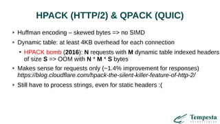 HPACK (HTTP/2) & QPACK (QUIC)
Huffman encoding – skewed bytes => no SIMD
Dynamic table: at least 4KB overhead for each connection
●
HPACK bomb (2016): N requests with M dynamic table indexed headers
of size S => OOM with N * M * S bytes
Makes sense for requests only (~1.4% improvement for responses)
https://blog.cloudflare.com/hpack-the-silent-killer-feature-of-http-2/
Still have to process strings, even for static headers :(
 