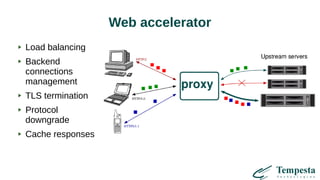 Web accelerator
Load balancing
Backend
connections
management
TLS termination
Protocol
downgrade
Cache responses
 