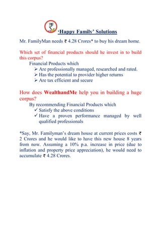 ‘Happy Family’ Solutions
Mr. FamilyMan needs    4.28 Crores* to buy his dream home.

Which set of financial products should he invest in to build
this corpus?
      Financial Products which
         Are professionally managed, researched and rated.
         Has the potential to provider higher returns
         Are tax efficient and secure

How does WealthandMe help you in building a huge
corpus?
    By recommending Financial Products which
       Satisfy the above conditions
       Have a proven performance and managed by well
         qualified professionals

*Say, Mr. Familyman’s dream house at current prices costs
2 Crores and he would like to have this new house 8 years
from now. Assuming a 10% p.a. increase in price (due to
inflation and property price appreciation), he would need to
accumulate 4.28 Crores.
 