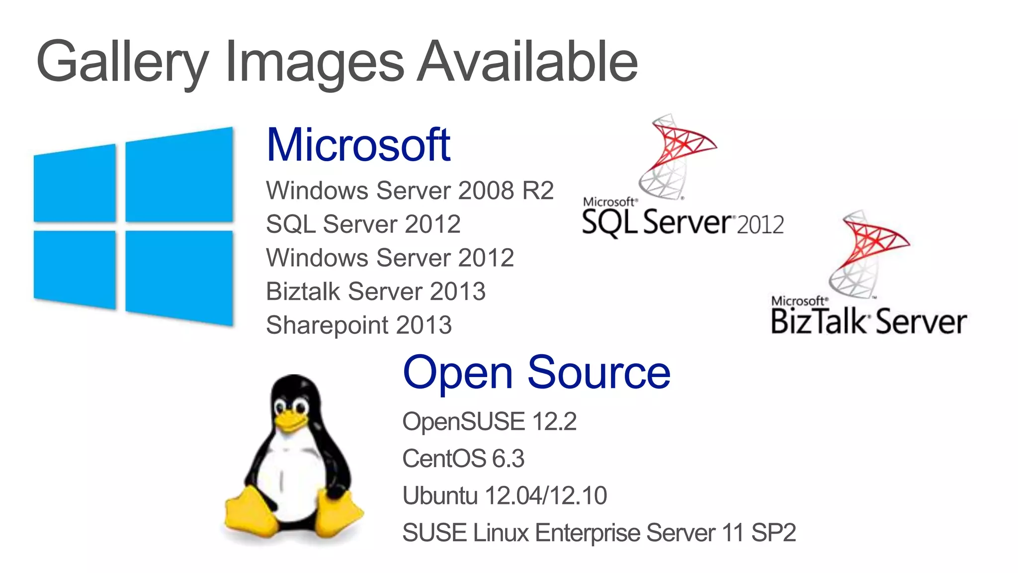 Gallery Images Available
Microsoft
Windows Server 2008 R2
SQL Server 2012
Windows Server 2012
Biztalk Server 2013
Sharepoint 2013
Open Source
OpenSUSE 12.2
CentOS 6.3
Ubuntu 12.04/12.10
SUSE Linux Enterprise Server 11 SP2
 