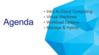 Agenda
• Intro to Cloud Computing
• Virtual Machines
• Workload Options
• Manage & Hybrid
 
