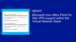 NEW!!!
Microsoft now offers Point-To-
Site VPN support within the
Virtual Network Stack
 