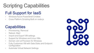 Scripting Capabilities
Full Support for IaaS
• Windows Azure PowerShell Cmdlets
• Cross Platform Scripting Built on node.js
Capabilities
• Provisioning, Removal
• Reboot, Start
• Import and Export VM settings
• Support for Windows and Linux VMs
• Domain Join at Provision for Windows
• Fully Customize VM with Data Disks and Endpoint
Configuration
• Automate Virtual Network Settings
 