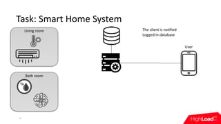 The	client	is	notified	
Logged	in	database
Bath	room
Living	room
Task:	Smart	Home	System
4
User
 