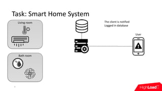 The	client	is	notified	
Logged	in	database
Bath	room
Living	room
Task:	Smart	Home	System
4
User
 