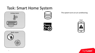 The	system	turns	on	air	conditioning
Bath	room
Living	room
Task:	Smart	Home	System
4
User
 