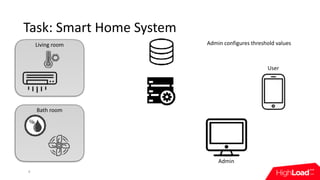 Admin	configures	threshold	values
Bath	room
Living	room
Task:	Smart	Home	System
4
User
Admin
 