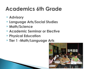    Advisory
   Language Arts/Social Studies
   Math/Science
   Academic Seminar or Elective
   Physical Education
   Tier 1 -Math/Language Arts
 