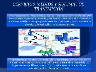 SERVICIOS, MEDIOS Y SISTEMAS DE
TRANSMISIÓN
En telecomunicaciones, un sistema de transmisión es un conjunto de
elementos interconectados que se utiliza para transmitir una señal de un
lugar a otro y en diferentes sentidos. La señal transmitida puede ser
eléctrica, óptica o de radiofrecuencia
La transmisión es el mecanismo para el cual una red de área extensa (WAN)
envía señales eléctricas. El método y calidad de la transmisión determina si
el destino recibirá datos que pueda entender y procesar, o si recibirá basura
eléctrica y deberá solicitar una retransmisión
 
