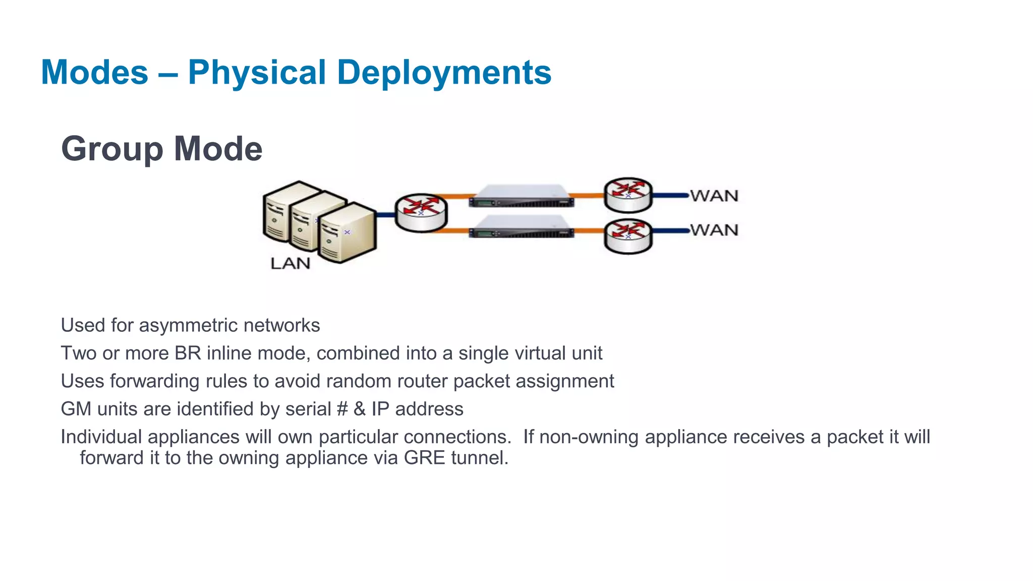 Modes – Physical Deployments

 Group Mode



 Used for asymmetric networks
 Two or more BR inline mode, combined into a single virtual unit
 Uses forwarding rules to avoid random router packet assignment
 GM units are identified by serial # & IP address
 Individual appliances will own particular connections. If non-owning appliance receives a packet it will
   forward it to the owning appliance via GRE tunnel.
 
