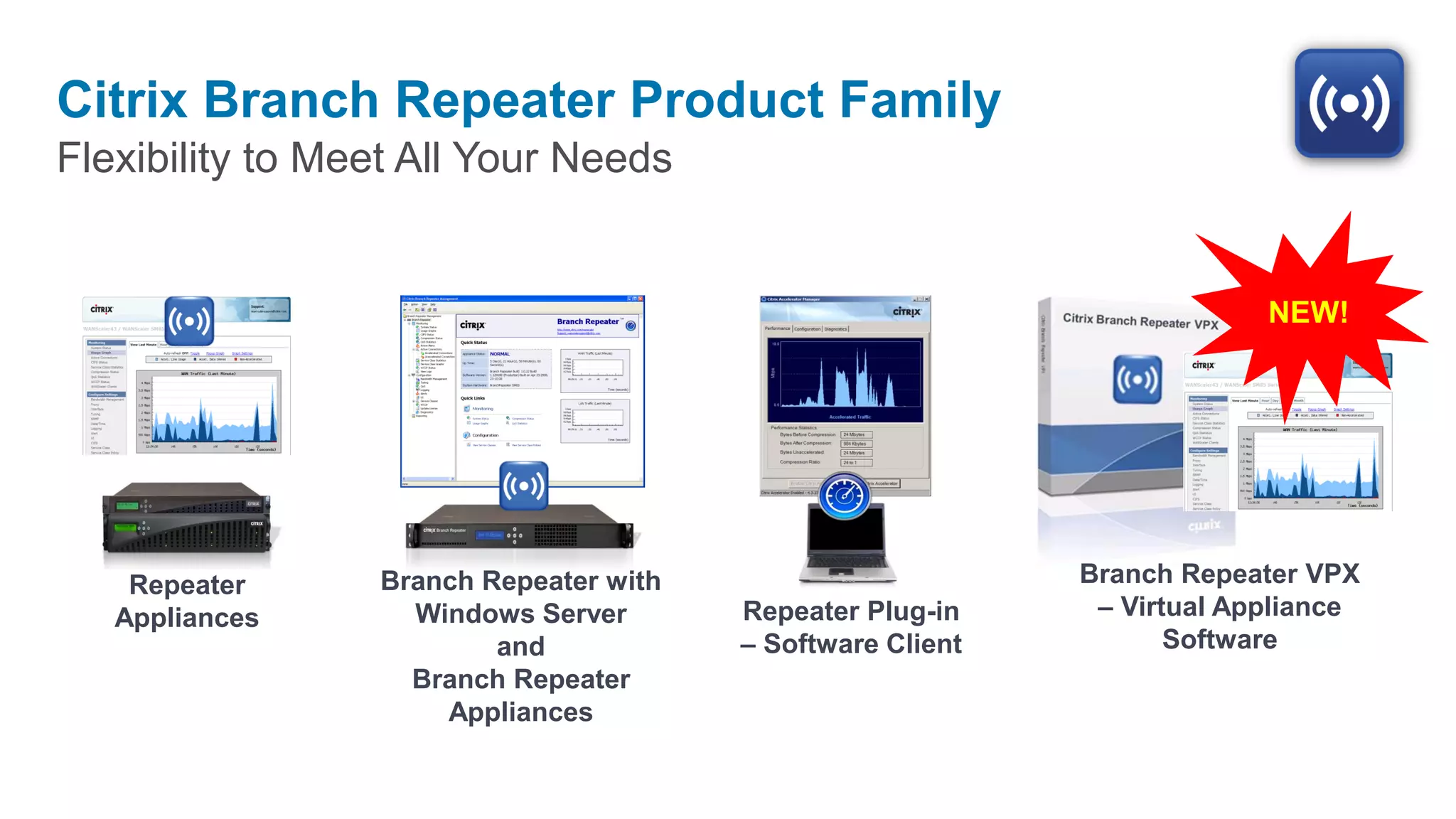Citrix Branch Repeater Product Family
Flexibility to Meet All Your Needs


                                                                         NEW!




    Repeater     Branch Repeater with                       Branch Repeater VPX
   Appliances      Windows Server       Repeater Plug-in     – Virtual Appliance
                         and            – Software Client          Software
                   Branch Repeater
                     Appliances
 