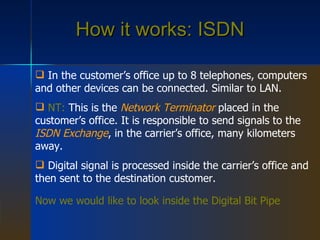 How it works: ISDN In the customer’s office up to 8 telephones, computers and other devices can be connected. Similar to LAN. NT:  This is the  Network Terminator  placed in the customer’s office. It is responsible to send signals to the  ISDN Exchange , in the carrier’s office, many kilometers away. Digital signal is processed inside the carrier’s office and then sent to the destination customer. Now we would like to look inside the Digital Bit Pipe 