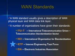 WAN Standards A WAN standard usually gives a description of WAN physical layer and WAN data link layer. A number of organizations have given their standards: ITU–T   –   I nternational  T elecommunication  U nion  –   T elecommunication Standardization Sector ISO  – I nternational  O rganization for  S tandardization IETF  – I nternet  E ngineering  T ask  F orce EIA  – E lectronic  I ndustries  A ssociation 