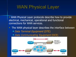 WAN Physical Layer WAN Physical Layer protocols describe how to provide electrical, mechanical, operational and functional connections for WAN services. The WAN physical layer describes the interface between Data Terminal Equipment  (DTE) Data Communicating Equipment  (DCE) 