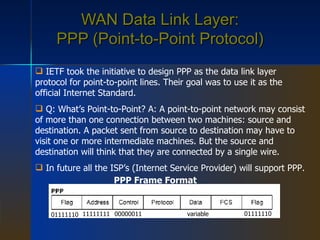 WAN Data Link Layer: PPP (Point-to-Point Protocol) IETF took the initiative to design PPP as the data link layer protocol for point-to-point lines. Their goal was to use it as the official Internet Standard. Q: What’s Point-to-Point? A: A point-to-point network may consist of more than one connection between two machines: source and destination. A packet sent from source to destination may have to visit one or more intermediate machines. But the source and destination will think that they are connected by a single wire. In future all the ISP’s (Internet Service Provider) will support PPP. PPP Frame Format 01111110 11111111 00000011 variable 01111110 