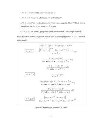 ¯ È
Á
¶ Ú: “on event Á, behavior yields Ú;”
¯ È
Á
· ¼: “on event Á, behavior is updated to ¼;”
¯ È Á
Ú ¼: “on event Á, behavior yields Ú, and is updated to ¼;” This is merely
shorthand for È Á
¶ Ú and È Á
· ¼; and
¯ È Á
È¼: “on event Á, program È yields environment and is updated to È ¼.”
In the deﬁnition of these judgments, we will need to use the judgment ¸ Ú deﬁned
in Section 2.3.
È Á
¶ Ú
Î ´ µ Ü ¾Ã È È¼ Ü ¾Ã
Ò
È
Á
¶ Ú
Ó ¾Ã
Ü Ú ¾Ã ¸ Ú
È Á
¶ Ú
´e1µ
È Ü Ú Á
¶ Ú¼
È init Ü Ú in Á µ À
Á
¶ Ú¼
´e2µ
À Á µ À¼
È init Ü Ú in À Á
¶ Ú
´e3µ
È Á
· ¼
È
Á
·
´u1µ
À Á µ ³ À¼ È Ü Ú
Á
¶ Ú¼
È init Ü Ú in À Á
· init Ü Ú¼ in À
´u2µ
À Á µ ³ À¼
È init Ü Ú in À Á
· init Ü Ú in À
´u3µ
È
Á
È¼
Ò
Ü ¾Ã Á
Ú ¼
Ó ¾Ã
Ü ¾Ã Á
Ü Ú ¾Ã Ü ¼ ¾Ã
´pµ
Figure 5.5: Operational semantics of E-FRP
121
 