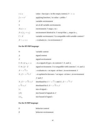 Ú ¾« value Ú has type « in the empty context, Ú «
Ú ¸ Ú¼ applying function to value Ú yields Ú¼
variable environment
set of all variable environments
´Üµ Ú environment maps Ü to Ú
¨ Ü Ú environment identical to except that Ü maps to Ú
  variable environment is compatible with variable context  
¸ Ú evaluates to Ú in environment
For the RT-FRP language:
¢ variable context
¡ signal context
signal environment
  ¢ ¡ S × « × is a signal of type « in contexts   ¢, and ¡
  ¢ ¡ signal environment is compatible with contexts  , ¢, and ¡
×
Ø
¸ Ú × evaluates to Ú on input at time Ø, in environment
×
Ø
  ×¼ × is updated to become ×¼ on input at time Ø, in environment
and
×
Ø
¸ Ú ×¼ shorthand for ×
Ø
¸ Ú and ×
Ø
  ×¼
×
Ø
¸ Ú ×¼ shorthand for ×
Ø
¸ Ú ×¼
× size of signal ×
size bound of signals in
× Ñ size bound of signal ×
For the H-FRP language:
ª behavior context
behavior environment
xi
 