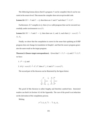 The following lemma shows that if a program È can be compiled, then it can be exe-
cuted at the source level. This means the compiler does not accept invalid code.
Lemma 5.8. If   È and È É, then there are and È ¼ such that È Á
È¼.
Furthermore, if È compiles to É, then É is a valid program that can be executed suc-
cessfully under environment ×Ø Ø ´Èµ:
Lemma 5.9. If   È and È É, then there are ½ and ¾ such that É ×Ø Ø ´Èµ
Á
¸
½ ¾.
Finally, we show that the compilation is correct in the sense that updating an E-FRP
program does not change its translation in SimpleC, and that the source program gener-
ates the same result as the target program:
Theorem 5.1 (Source-target correspondence). Given that   È, È É, and È Á
È¼,
we have
1. È¼ É; and
2. if É ×Ø Ø ´Èµ
Á
¸ ¼ ¼¼, then ¼ and ¼¼ ×Ø Ø ´È¼µ.
The second part of the theorem can be illustrated by the ﬁgure below:
È
¯¯
×Ø Ø
¯¯
Á È¼
¯¯
×Ø Ø
¯¯
É ¼
Á
¸
¼ ¼¼
The proof of this theorem is rather lengthy and therefore omitted here. Interested
readers can ﬁnd it in Section A.3 of the Appendix. The core of the proof is an induction
on the derivation of the compilation process.
Writing
È
Á½
½ È½
Á¾
¡¡¡ ÁÒ
Ò ÈÒ
135
 