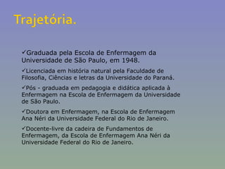 Graduada pela Escola de Enfermagem da Universidade de São Paulo, em 1948. Licenciada em história natural pela Faculdade de Filosofia, Ciências e letras da Universidade do Paraná. Pós - graduada em pedagogia e didática aplicada à Enfermagem na Escola de Enfermagem da Universidade de São Paulo. Doutora em Enfermagem, na Escola de Enfermagem Ana Néri da Universidade Federal do Rio de Janeiro. Docente-livre da cadeira de Fundamentos de Enfermagem, da Escola de Enfermagem Ana Néri da Universidade Federal do Rio de Janeiro. 