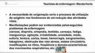 • A necessidade de oxigenação seria o processo de utilização
do oxigênio nos fenômenos de oxi-redução das atividades
vitais.
• Manifestações podem ser evidenciadas pelosseguintes
problemas de enfermagem:
cianose, dispnéia, ortopnéia, lentidão, cansaço, fadiga,
insegurança, agitação, irritabilidade, ansiedade, medo,
euforia, tontura, coriza, tosse, hemorragia, sangramentos,
tabagismo, obstrução das vias aéreas, estase circulatória,
modificações no ritmo, freqüência e demaiscaracterísticas
dos movimentos respiratórios, etc.
Teoristas de enfermagem- Wanda Horta
 