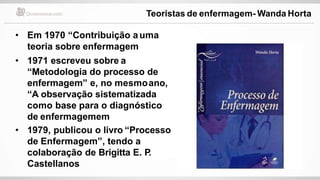 • Em 1970 “Contribuição auma
teoria sobre enfermagem
• 1971 escreveu sobre a
“Metodologia do processo de
enfermagem” e, no mesmoano,
“A observação sistematizada
como base para o diagnóstico
de enfermagemem
• 1979, publicou o livro “Processo
de Enfermagem”, tendo a
colaboração de Brigitta E. P
.
Castellanos
Teoristas de enfermagem- Wanda Horta
 