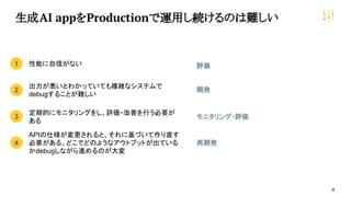 4
生成AI appをProductionで運用し続けるのは難しい
1
2
3
4
性能に自信がない
出力が悪いとわかっていても複雑なシステムで
debugすることが難しい
APIの仕様が変更されると、それに基づいて作り直す
必要がある。どこでどのようなアウトプットが出ている
かdebugしながら進めるのが大変
定期的にモニタリングをし、評価・改善を行う必要が
ある
評価
開発
再開発
モニタリング・評価
 